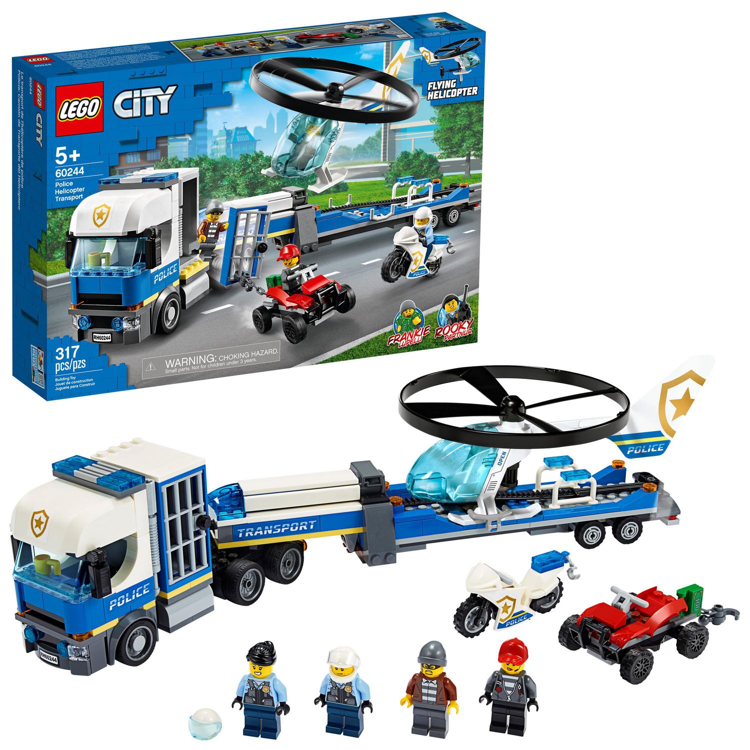 una Moto Polic/ía: Cami/ón de Transporte del Helic/óptero un Quad y Minifiguras Juguete de Construcci/ón de Aventuras con un Helic/óptero LEGO City Police 60244