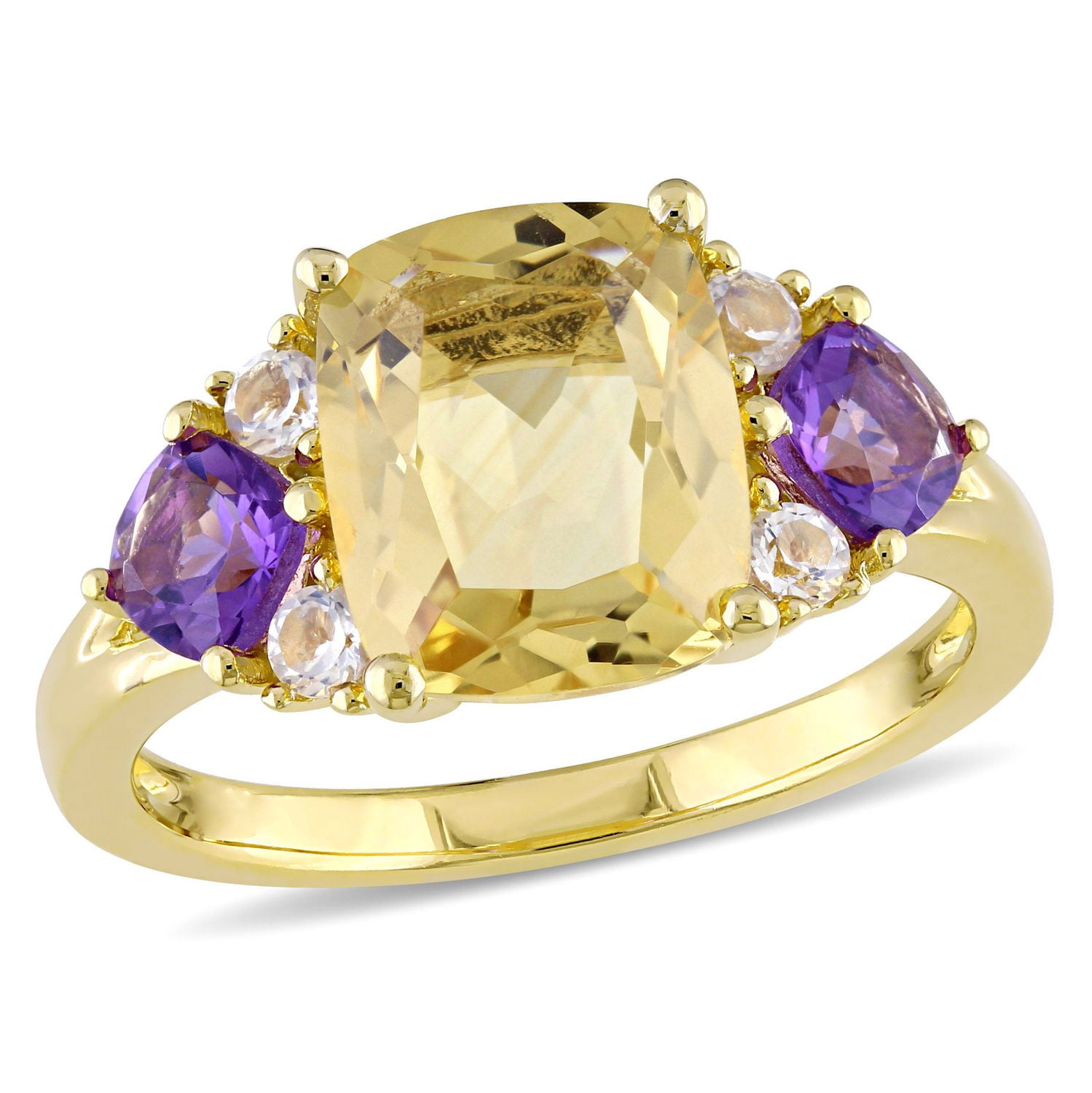 Tangelo 3-1/3 Carat T.G.W. Citrine And Amethyst with White Topaz Yellow Rhodium-Plated Sterling Silver 3-Stone Ring
