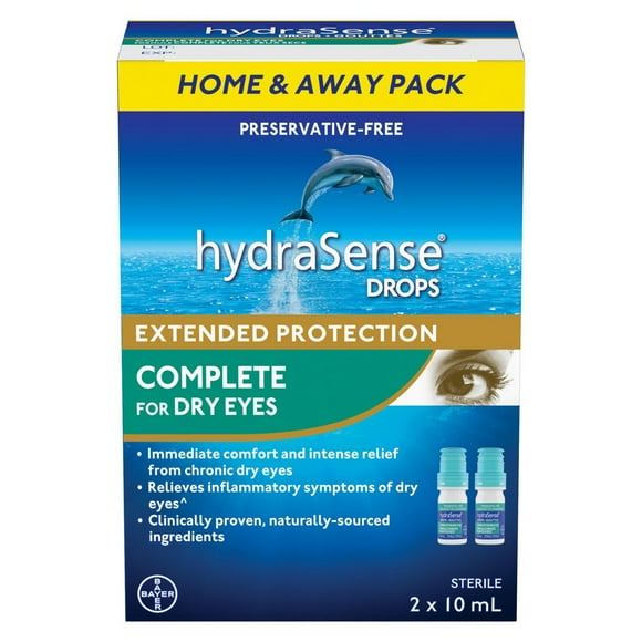 hydraSense Gouttes oculaires complètes pour les yeux secs – Gouttes oculaires sans conservateur pour les yeux secs, confort immédiat et soulagement des yeux secs, lubrifiant d'origine naturelle 2 x 10 ml
