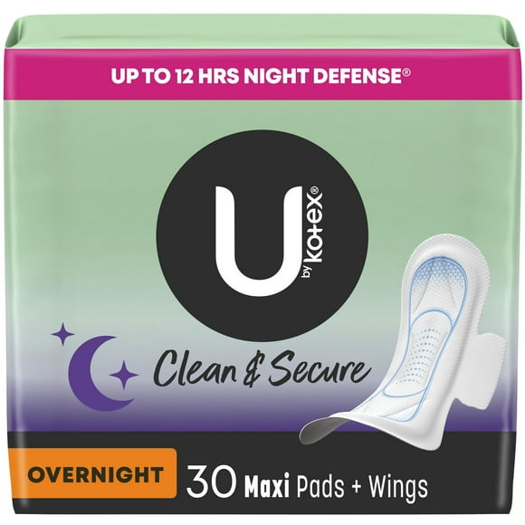 U by Kotex Clean & Secure Overnight Maxi Pads with Wings, 30 Count, UBK PAD 30