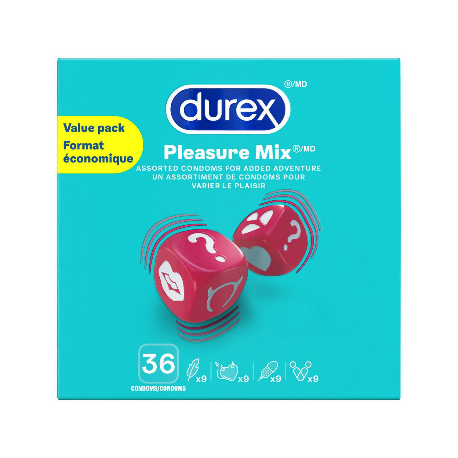 Durex® Pleasure Mix Assorted Condoms, Sensation Variety Pack, 36 Count