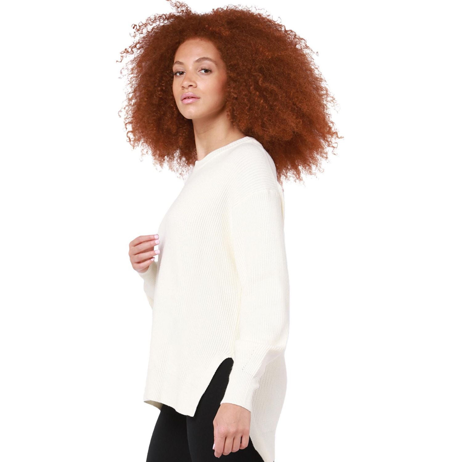 L/S Col ras du cou, fente latérale, pull en tricot côtelé