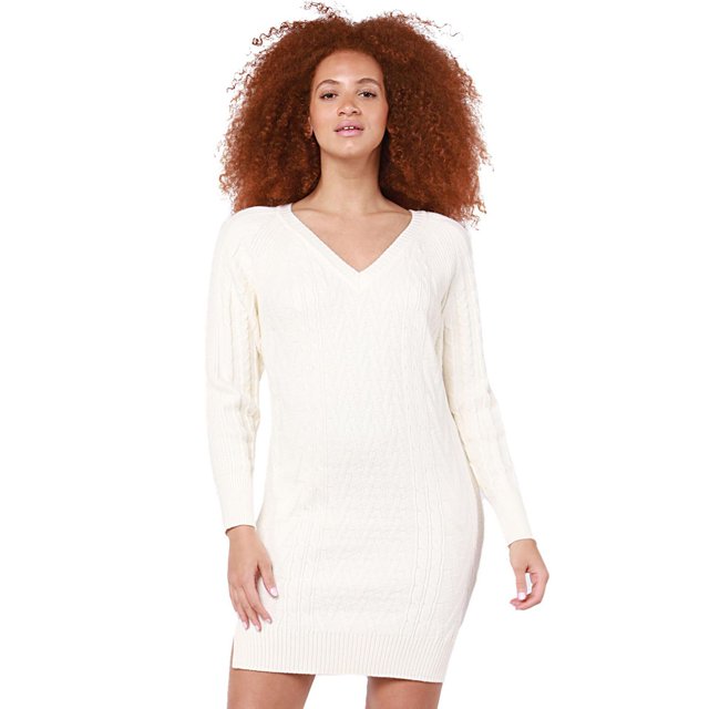 DV Robe pull à manches longues, décolleté en V, en tricot câblé