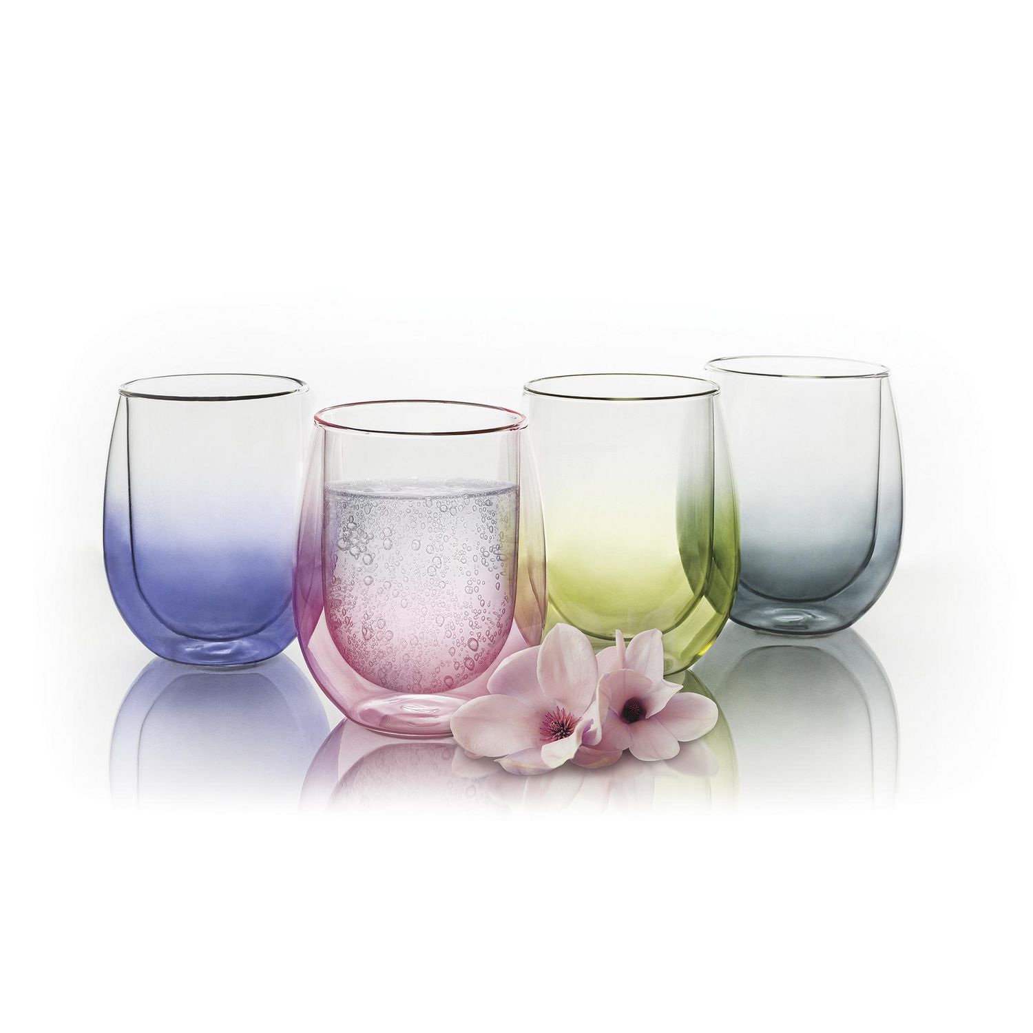 Safdie & Co. Bloom Double Wall Glass 4 PC Assorted Colours 350ml