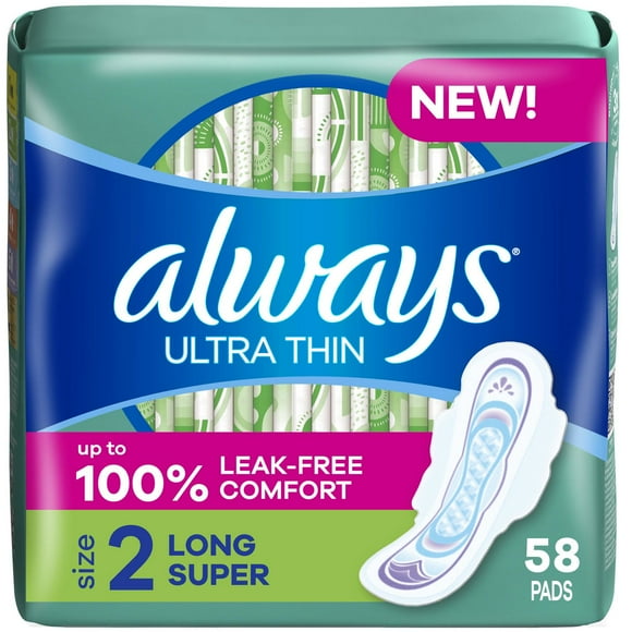 Always Ultra Thin Feminine Pads with Wings for Women, Size 2, Long Super Absorbency, Unscented, 58CT