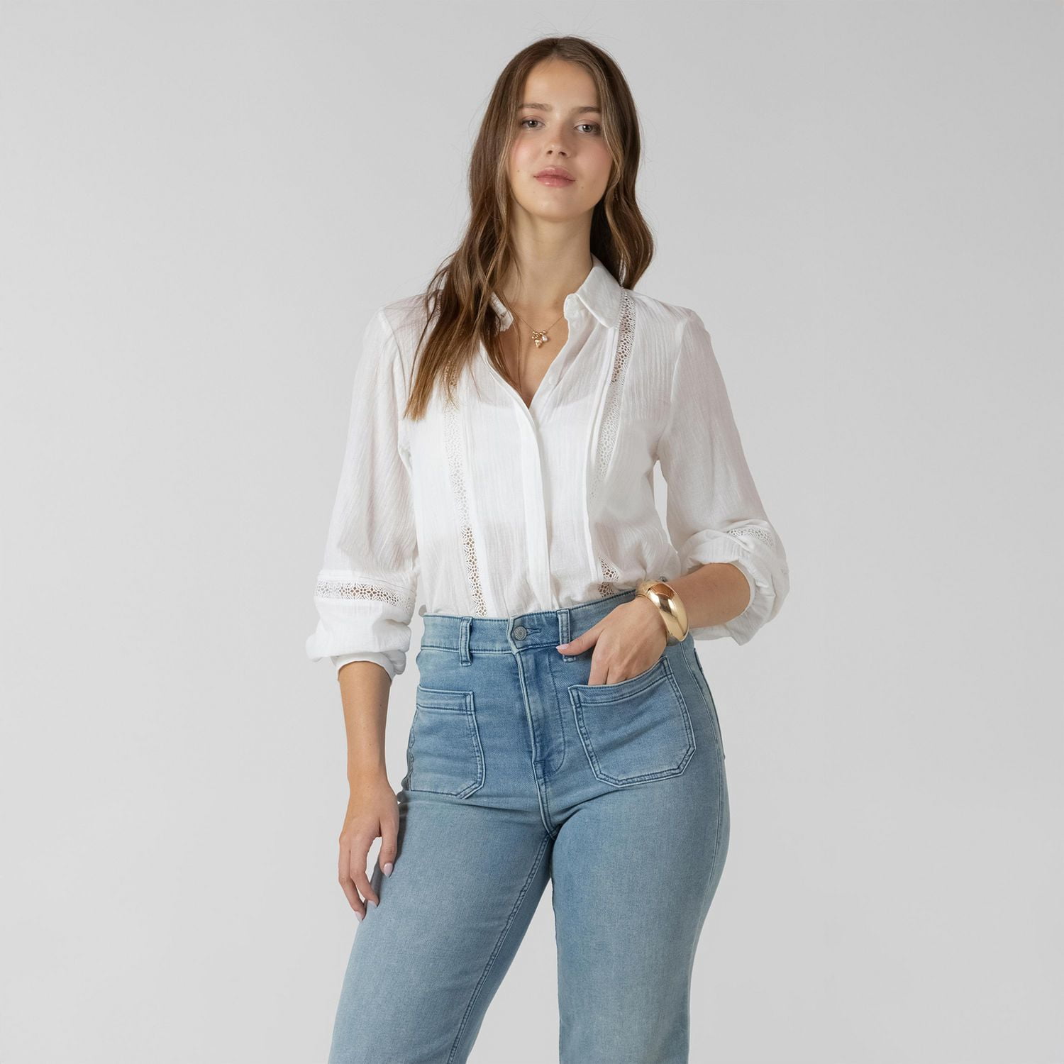 Devoted, Lace Insert Button Front Blouse, Sizes XS-XL
