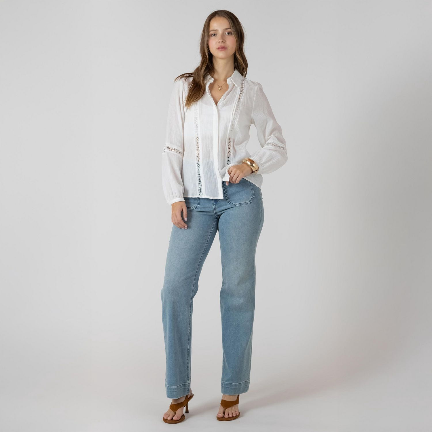 Devoted, Lace Insert Button Front Blouse, Sizes XS-XL