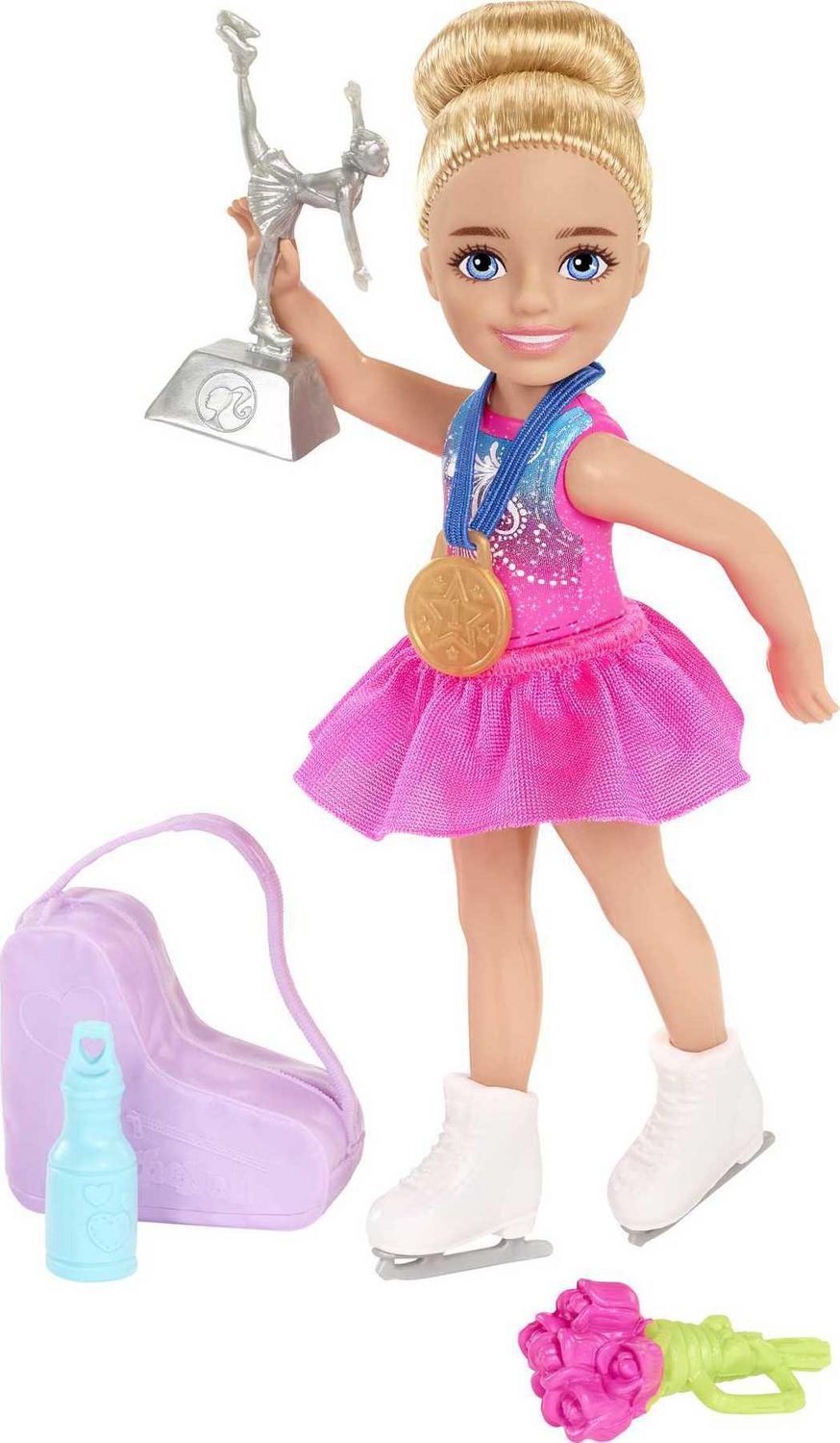 Coffret Barbie Chelsea Patineuse avec Poupée Chelsea Patineuse (Blonde, 15  cm), Étui de Transport, Bouquet, Médaille, Trophée et Gourde, Cadeau Idéal  pour Enfants à partir de 3 ans 
