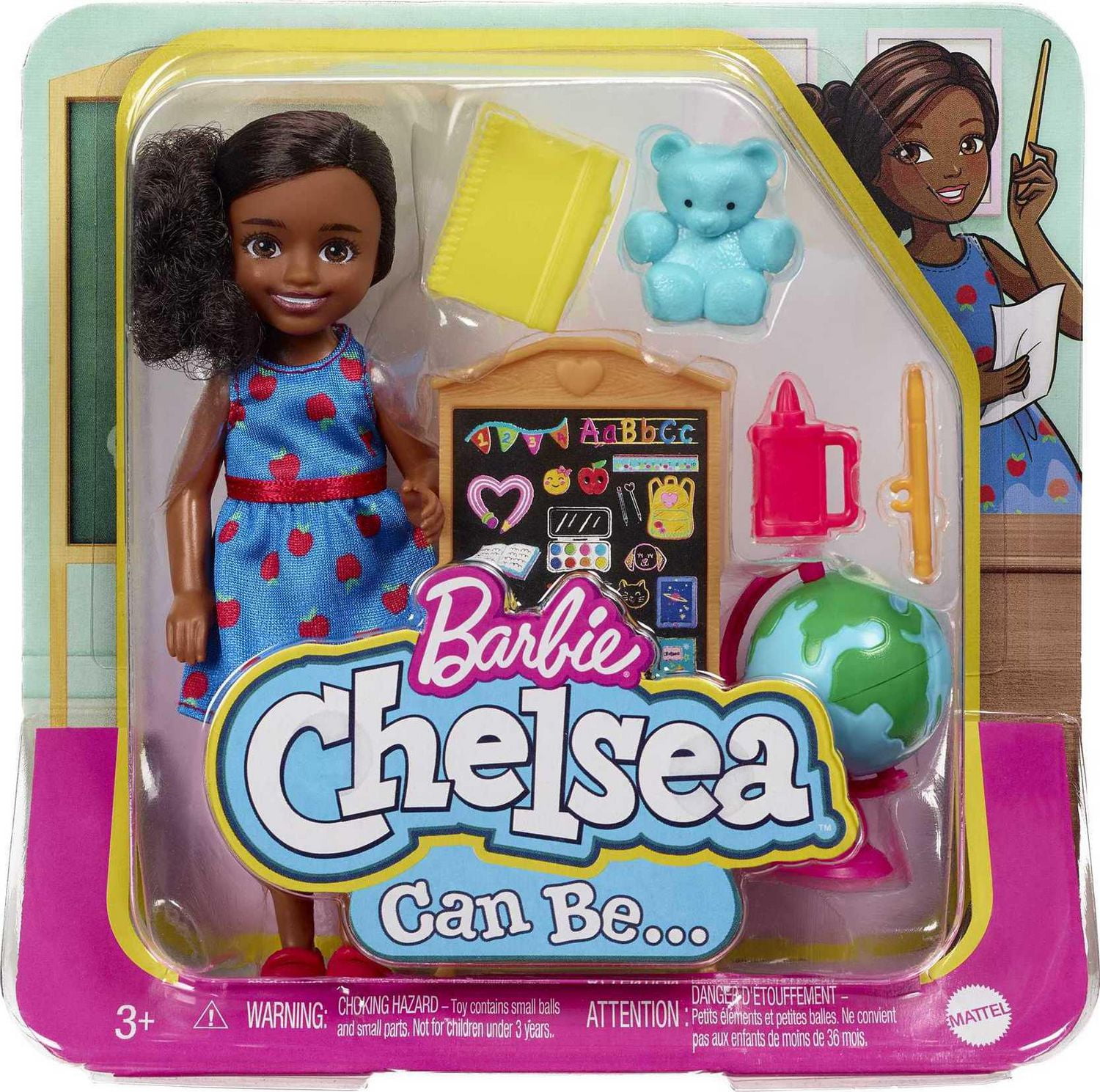 Barbie Chelsea Can Be Playset with Brunette Chelsea Teacher Doll (6  inches), Chalkboard, Pointer, Globe, Mug, File, Teddy Bear Figure, Great  Gift for