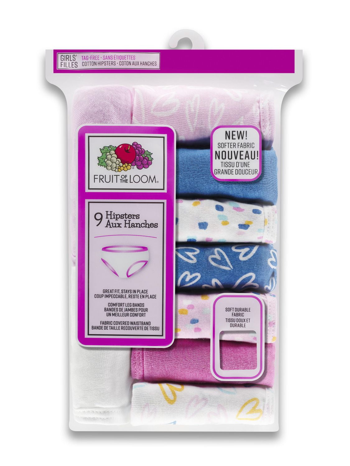 Fruit of the Loom Girls 100% Ringspun Cotton Hipster Underwear, 9-Pack