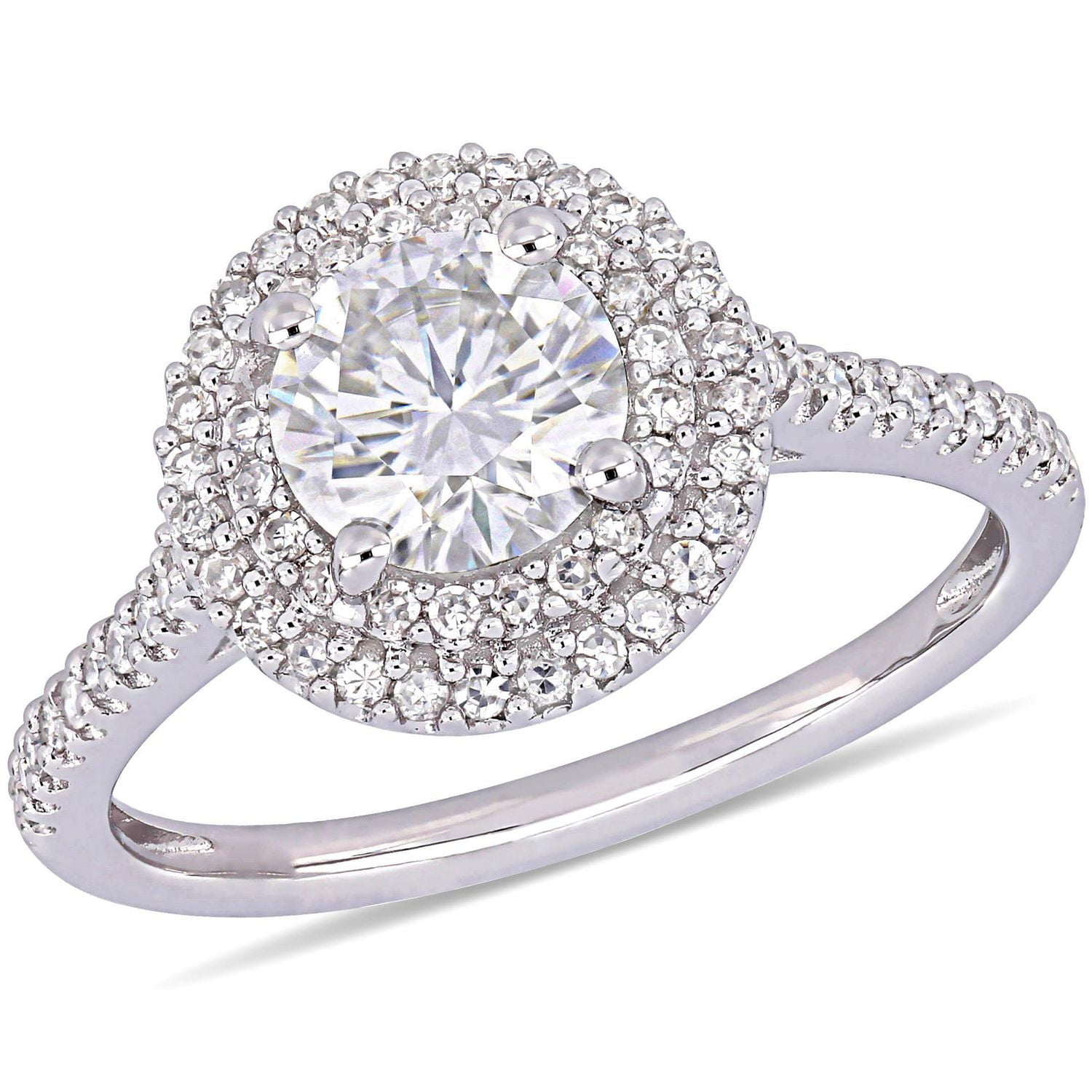 Bague de fiançailles de forme auréole double Miabella avec moissanite 1 CT PBT et diamants 1/3 CT poids total en or blanc 14K