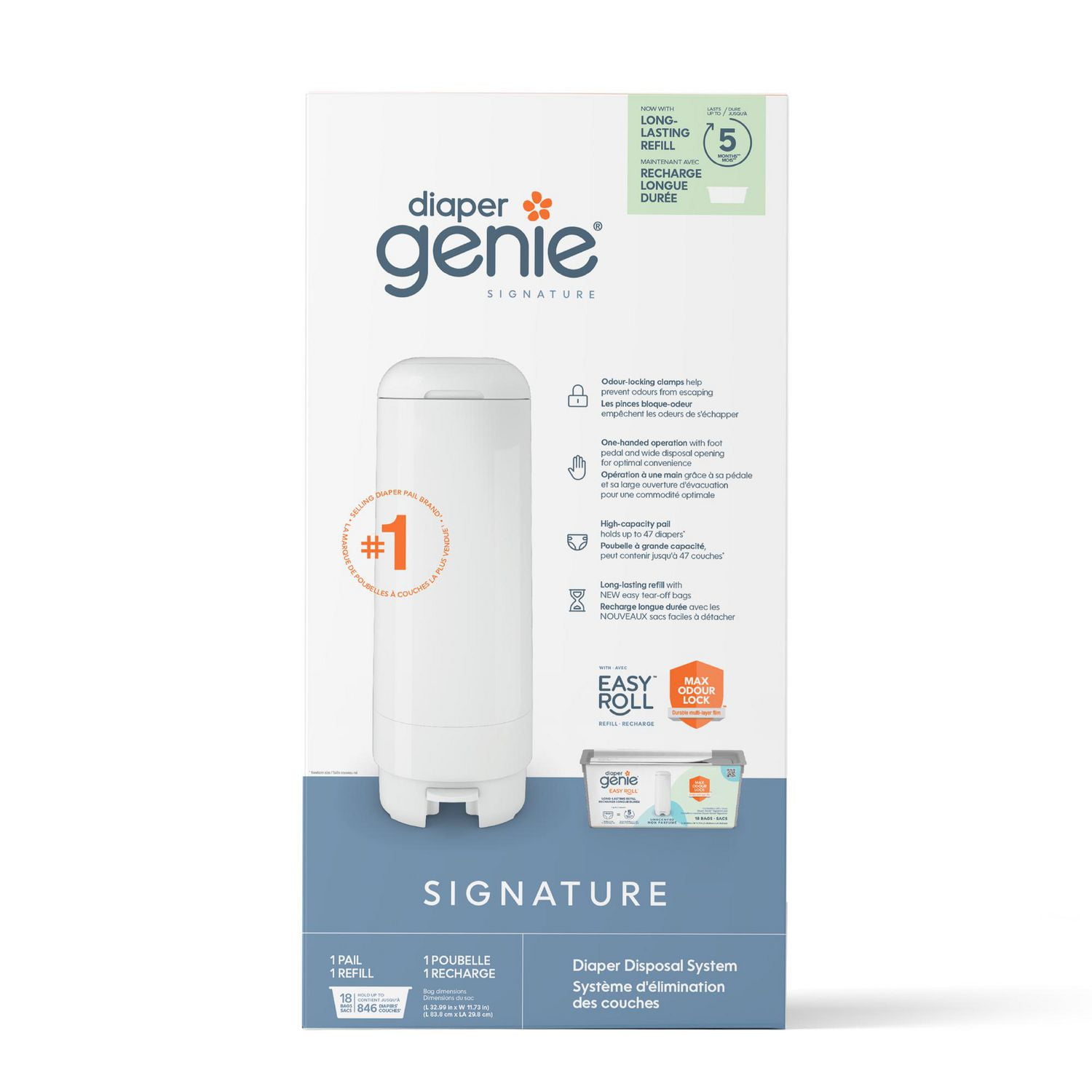 Diaper Genie Signature Pail, includes 1 Easy Roll Refill with 18