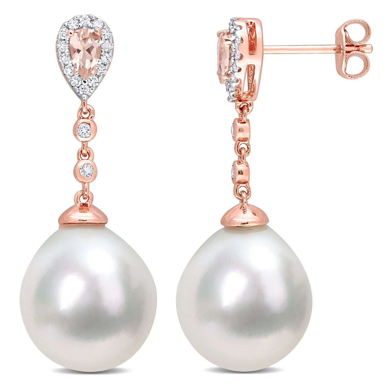 Miabella South Sea Cultured Pearl Morganite and White Topaz 1/7 Carat T.W. Diamond Rose Gold Flash Plated Sterling Silver Halo Drop Earrings