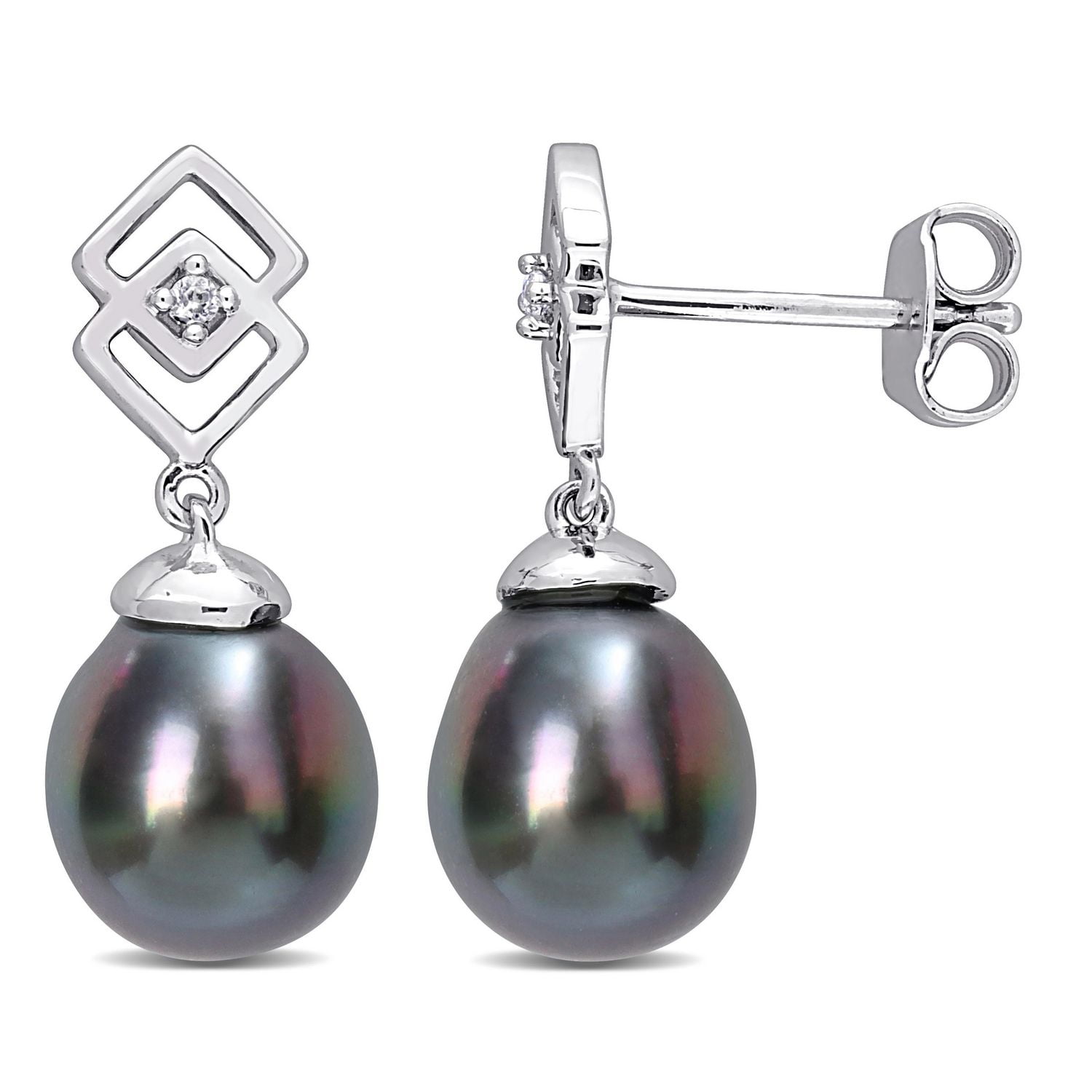 Miabella Tahitian Cultured Pearl and White Topaz Sterling Silver Square Drop Earrings