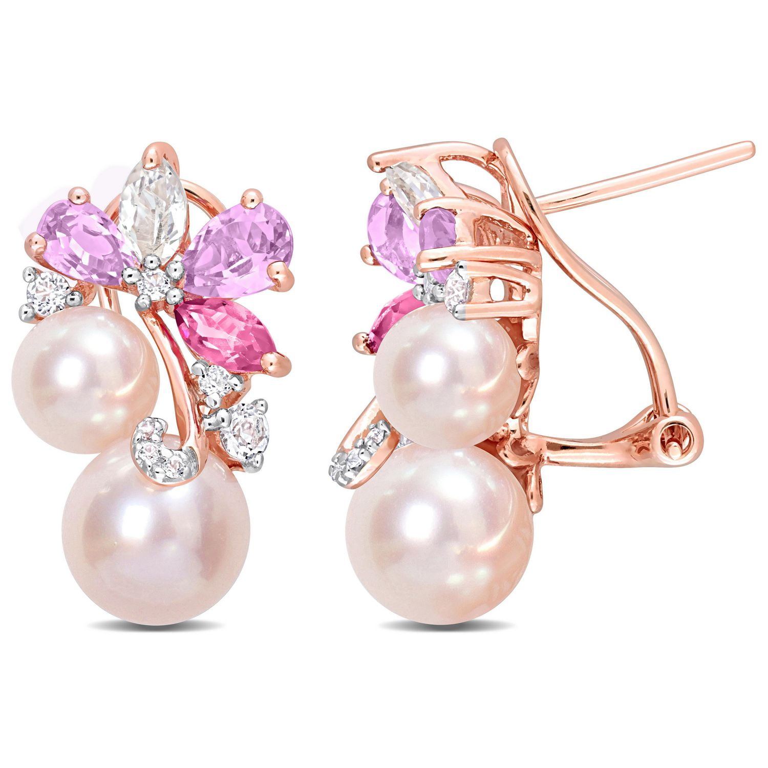 Miabella Pink Freshwater Cultured Pearl 2-1/2 Carat T.G.W. Rose Quartz & White Topaz 18k Rose Gold Plated Sterling Silver Cluster Earrings