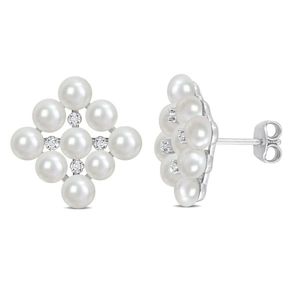 Miabella Freshwater Cultured Pearl and Diamond Accent Sterling Silver Stud Earrings