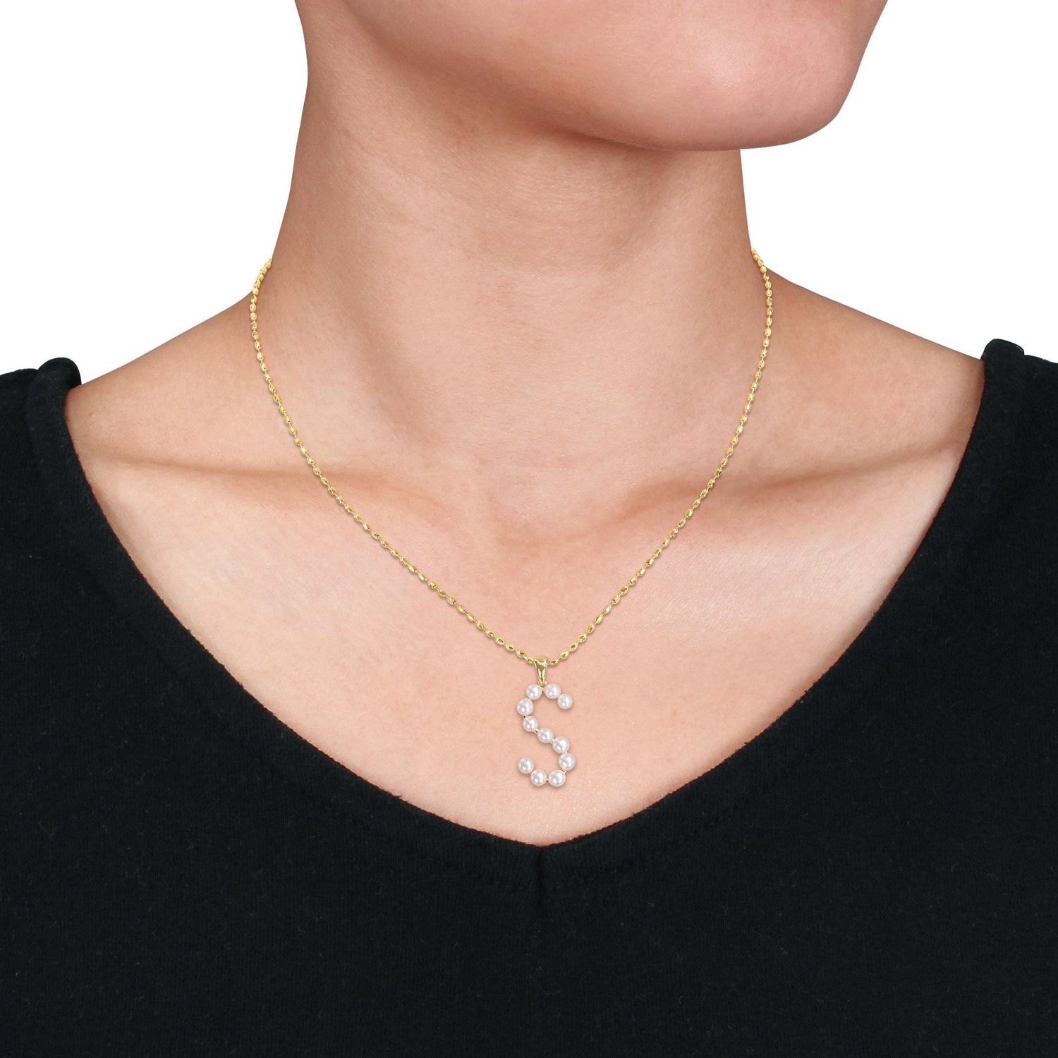 Collier initiale de Miabella avec perles culture d'eau douce en argent sterling plaqué en jaune
