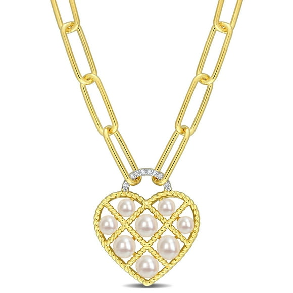 Miabella Cultured Freshwater Pearl and Diamond Accent Yellow Gold Flash Plated Sterling Silver Heart Paperclip Necklace