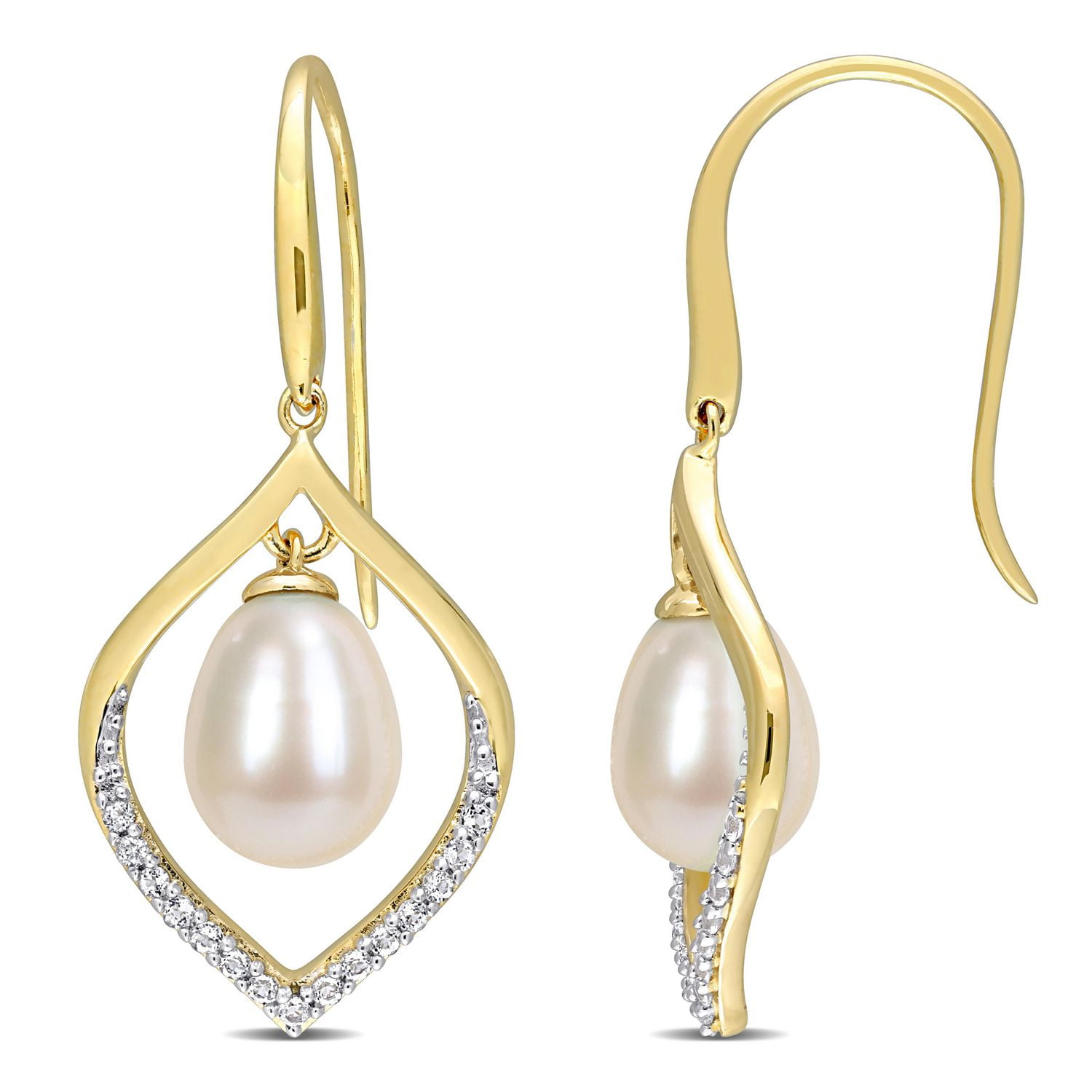 Miabella Cultured Freshwater Pearl and 1/3 Carat T.G.W. White Topaz Yellow Gold Flash Plated Sterling Silver Dangle Earrings