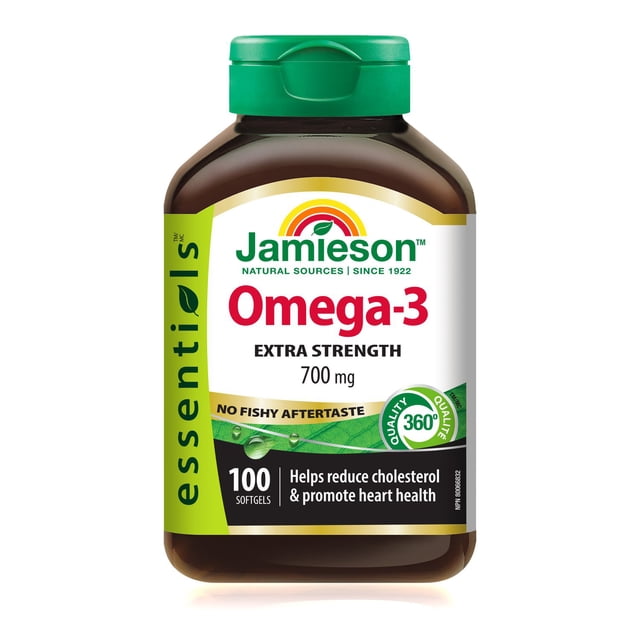 Jamieson No-Fishy-Aftertaste Extra Strength Omega-3 Softgels, 700 mg, 100 Softgels