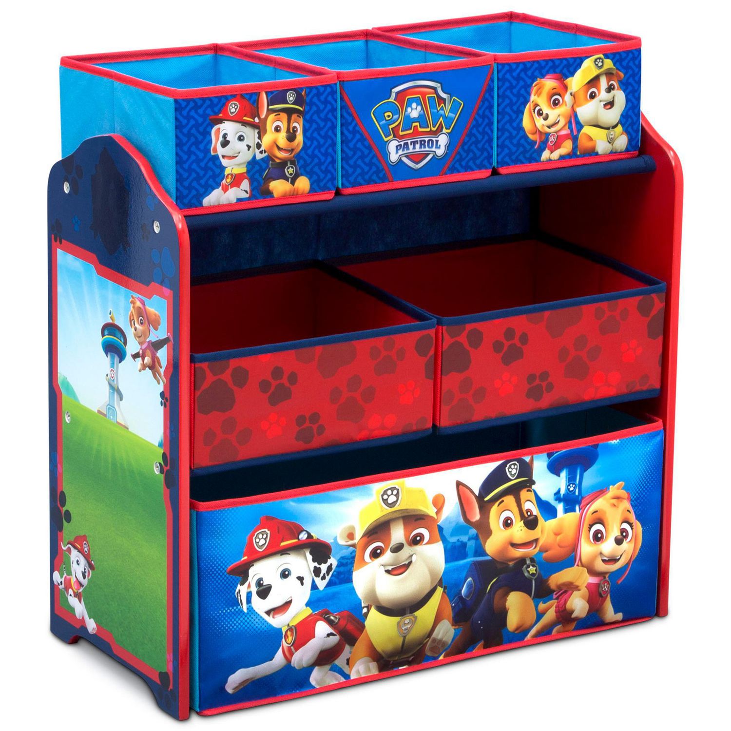Paw Patrol Kids Storage Unit 6 Bin Playroom Toy Organiser Wooden Frame 