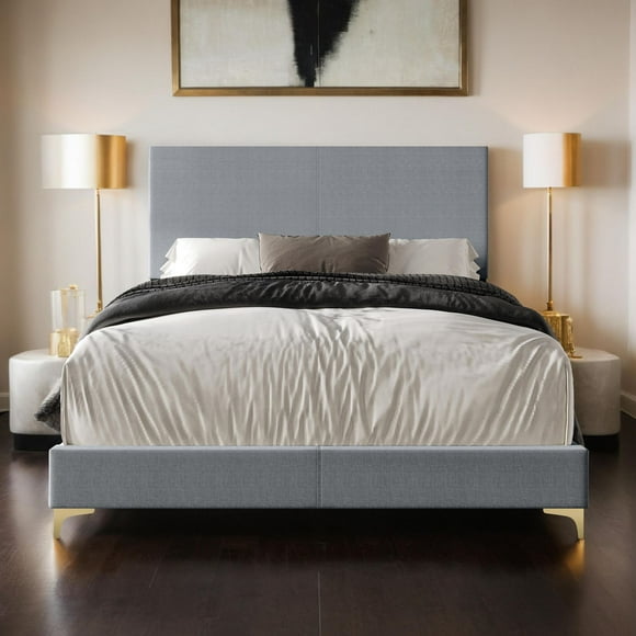 K-Living Hugo Smoke Colored Linen Fabric Queen Bed with Stainless Steel Gold Legs! BOX SPRING IS NOT REQUIRED!