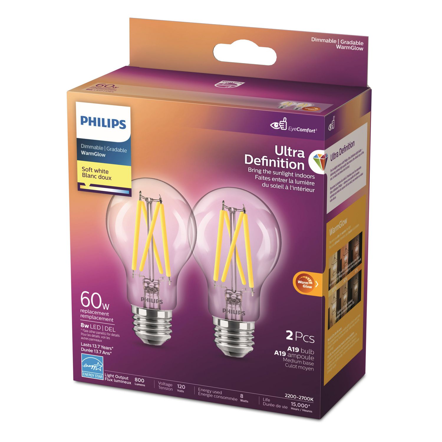 Philips DEL Ultra Definition 60W ampoule A19 lumière du jour (paq