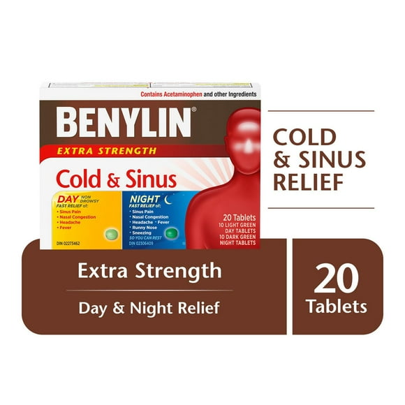 BENYLIN® Extra fort, Rhume et sinus, Duo pratique Jour/Nuit, soulage les symptômes du rhume et des sinus 20 comprimés