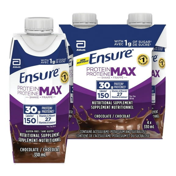 Supplément nutritionnel oral Ensure Protéine Max 30 g, boisson protéinée au chocolat avec 30 g de protéines de haute qualité et 1 g de sucre, 330 mL (emballage de 4), 1320 mL