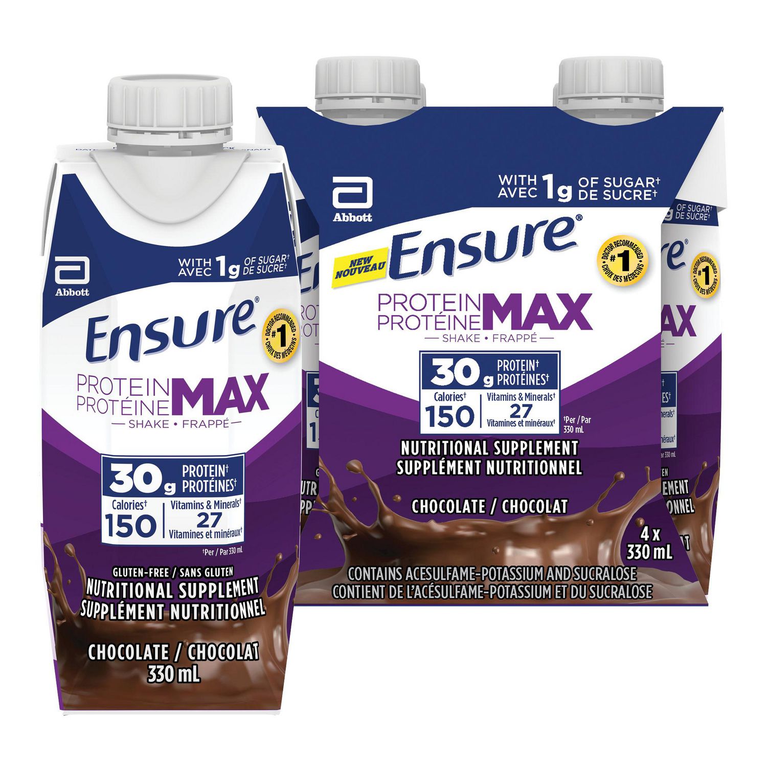 Supplément nutritionnel oral Ensure Protéine Max 30 g, boisson protéinée au chocolat avec 30 g de protéines de haute qualité et 1 g de sucre, 330 mL (emballage de 4), 1320 mL