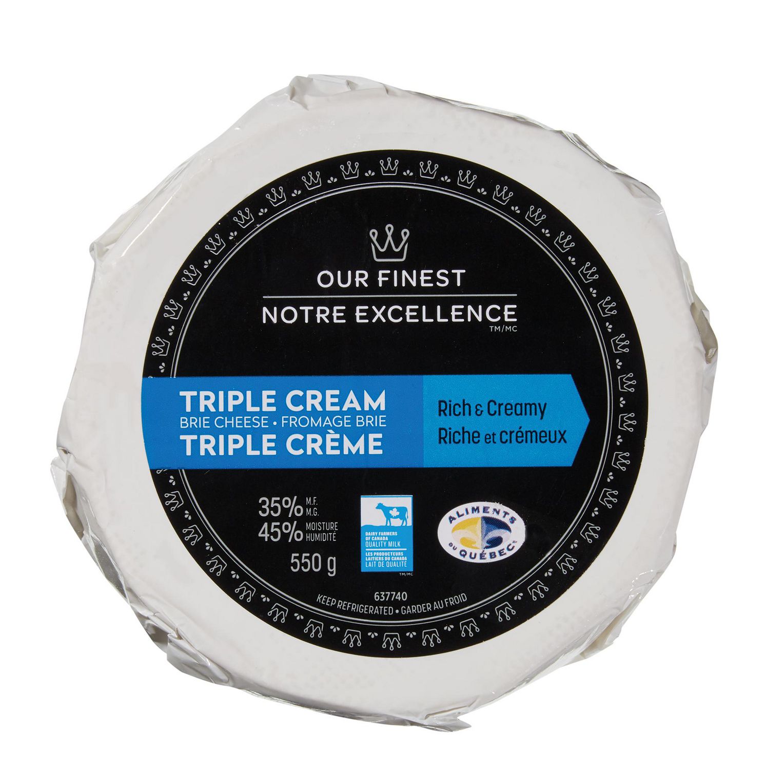 Our Finest 35% M.F. Triple Cream Brie Cheese Centered front-facing wheel with white bloomy rind and creamy pale interior; marked 35% M.F., 45% moisture. Rich, smooth texture suited to cheese boards, sandwiches or baking as a warm appetizer.
