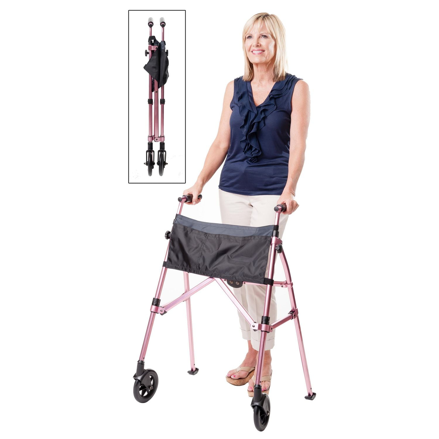 Stander Wonder Walker Plus, Lightweight Folding Rolling Walker for Seniors, Collapsible Travel EZ Fold-N-Go Walker with Wheels, Glides, & Basket, Compact Standard Walker