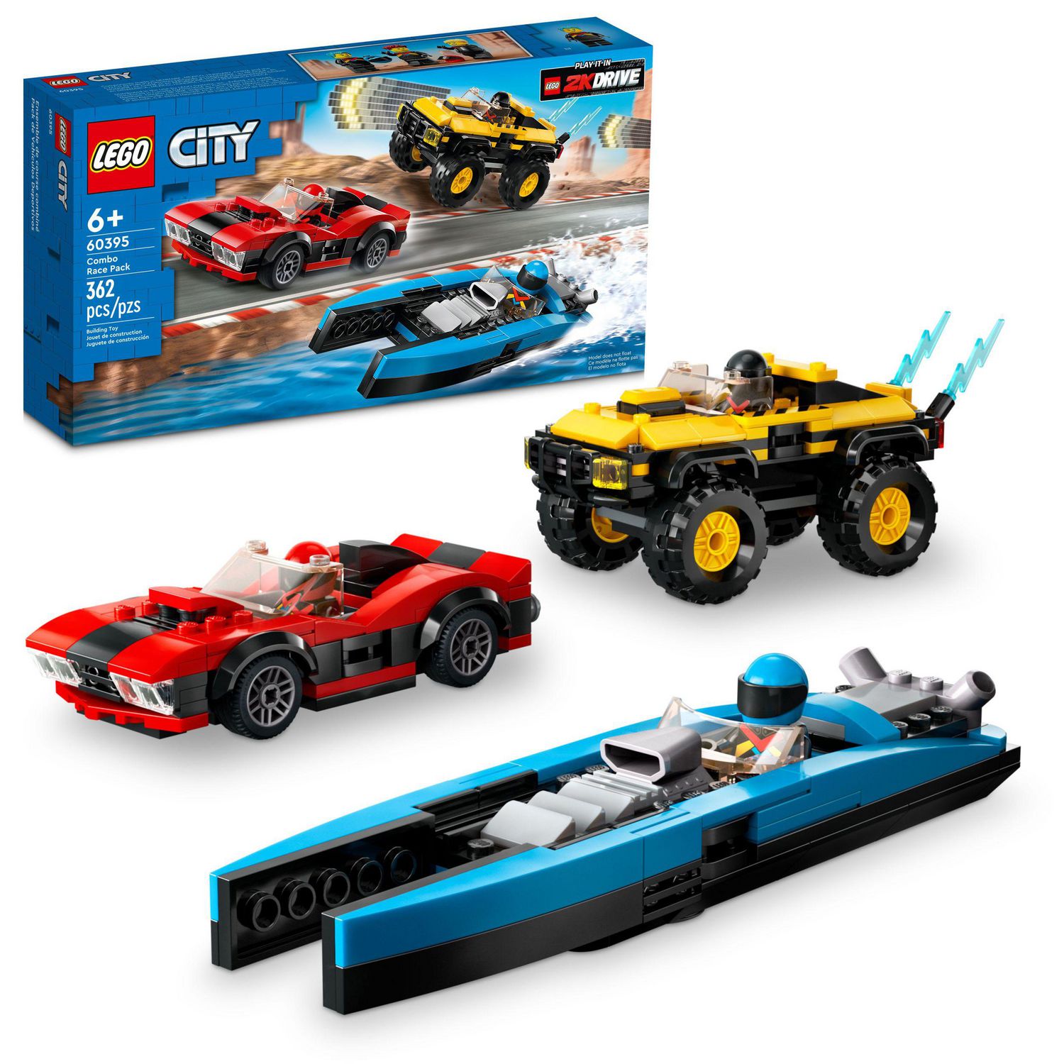 LEGO City Combo Race Pack 60395 Toy Car Building Set, Includes a Sports Car,  SUV, Speedboat and 3 Minifigures, Fun Christmas Toy for 6 Year Old Boys,  Girls and Fans of the