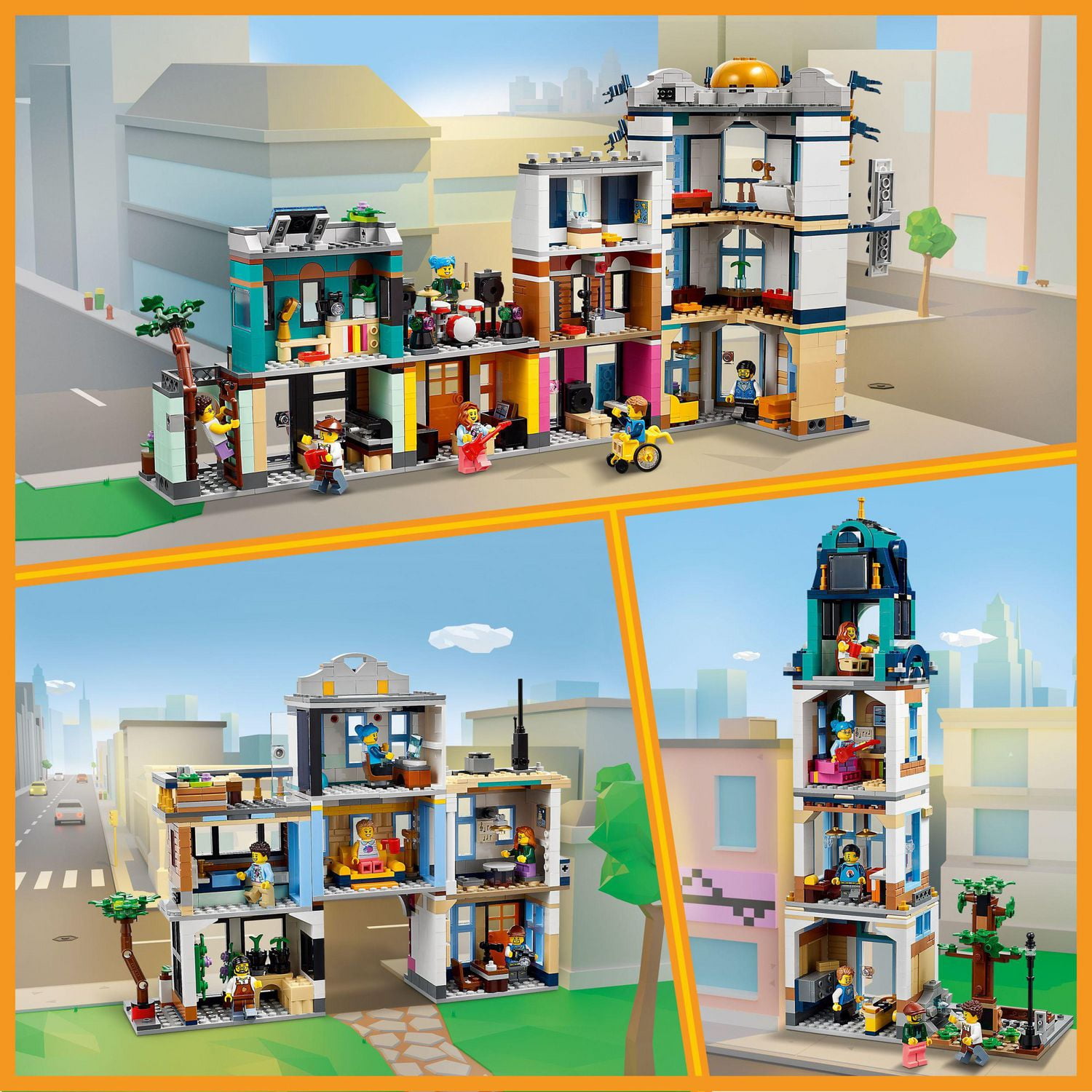 LEGO Creator Main Street 31141 Building Toy Set, 3 in 1 Features a Toy City  Art Deco Building, Market Street Hotel, Café Music Store and 6 Minifigures,  Endless Play Possibilities for Boys