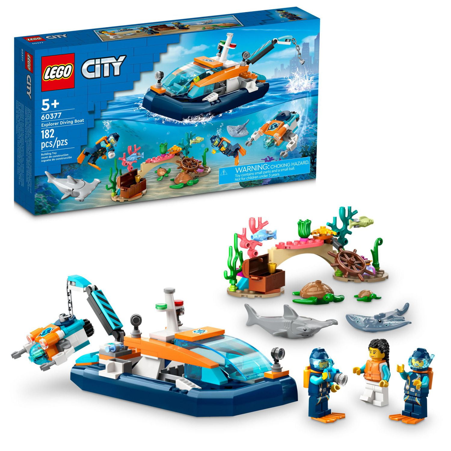 LEGO City Explorer Diving Boat 60377 Ocean Building Toy, Includes a Coral  Reef Setting, Mini-Submarine, 3 Minifigures and Manta Ray, Shark, Crab, 2  Fish and 2 Turtle Figures, Includes 182 Pieces, Ages 5+ 