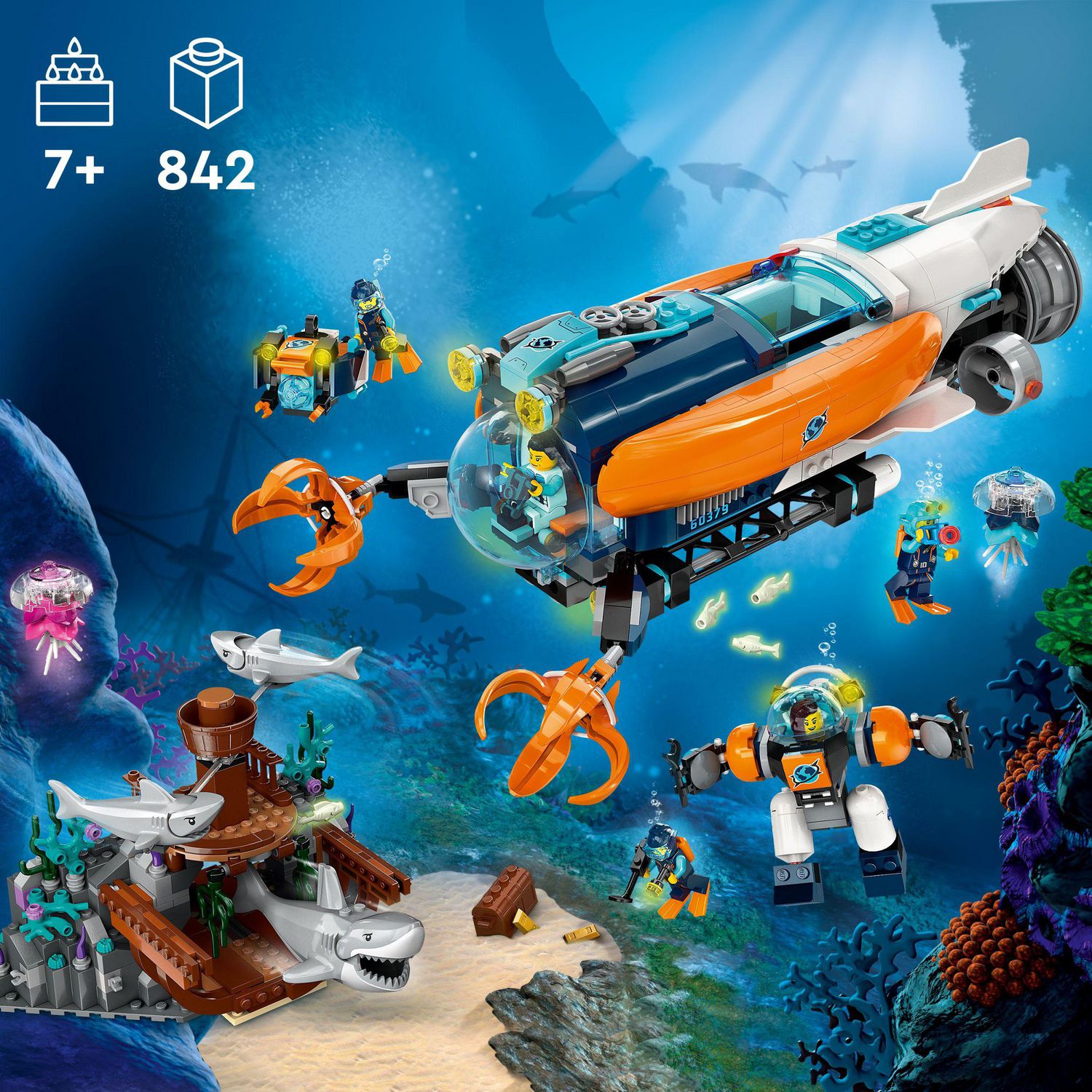 LEGO City Deep Sea Explorer Submarine 60379 Building Toy Set Ocean Submarine Playset with Shipwreck Setting 6 Minifigures and 3 Shark Figures for Imaginative Play A Gift Idea for Ages 7 Walmart