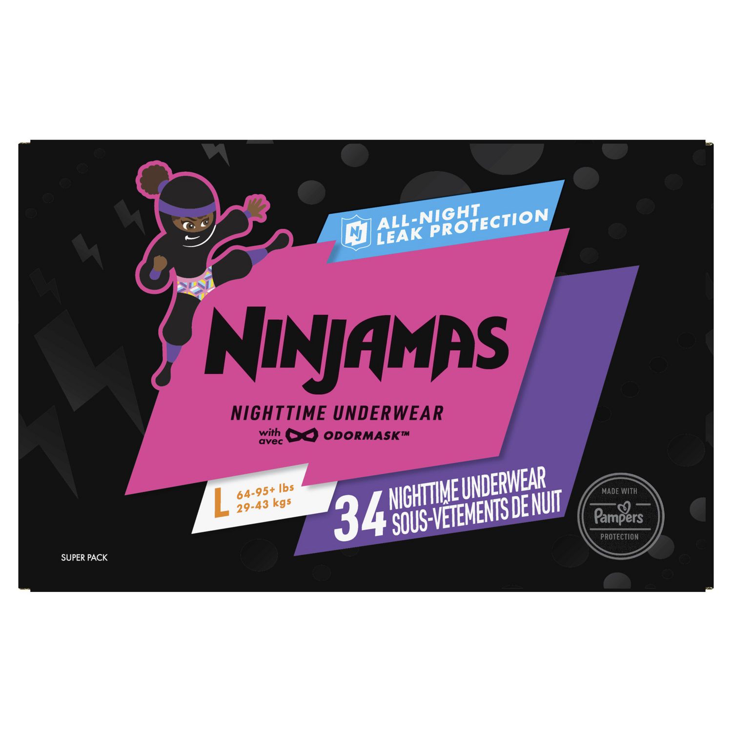 Ninjamas Nighttime Bedwetting Underwear Girl, Sizes S/M - L/XL, 34-44 Count  