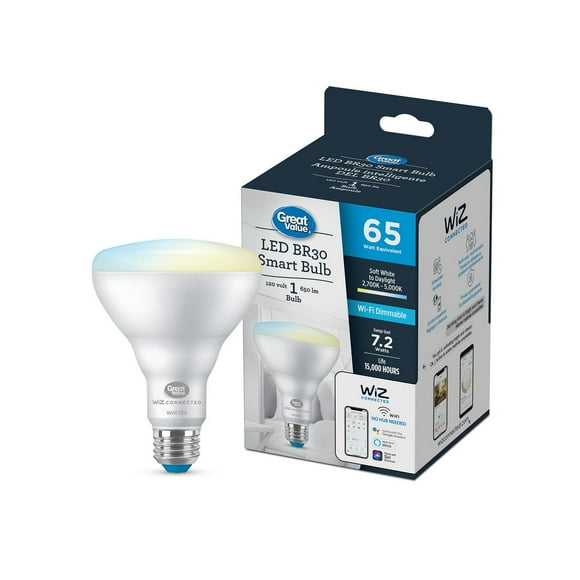 Great Value Wiz Tunable White BR30 WiFi bulb, BR30, Dimmable, 65W