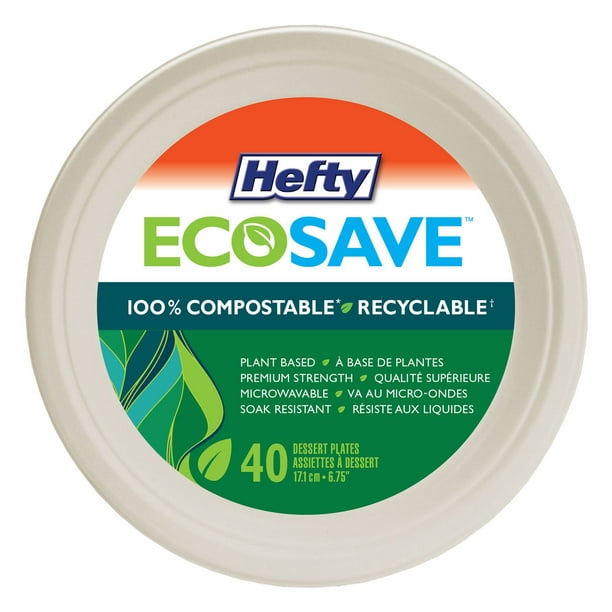 Hefty EcoSave® Assiettes à Dessert en Carton Assiette jetable compostable  6,75 po, 40 unités 