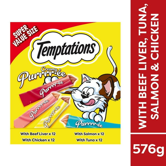 Temptations Creamy Puree with Beef Liver, with Salmon, with Chicken and with Tuna Lickable Adult Cat Treats, 48x12g