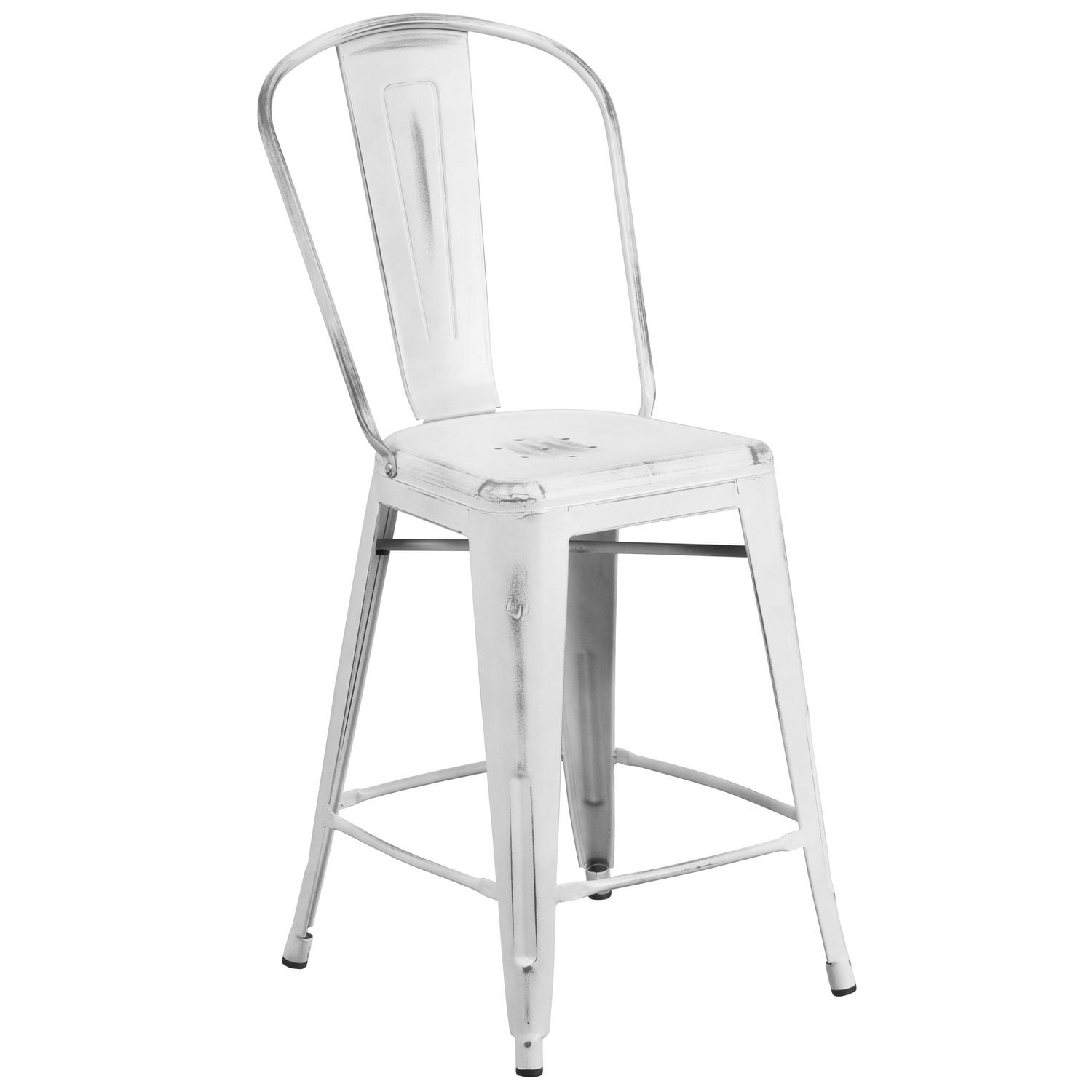 24'' High Distressed White Metal IndoorOutdoor Counter Height Stool
