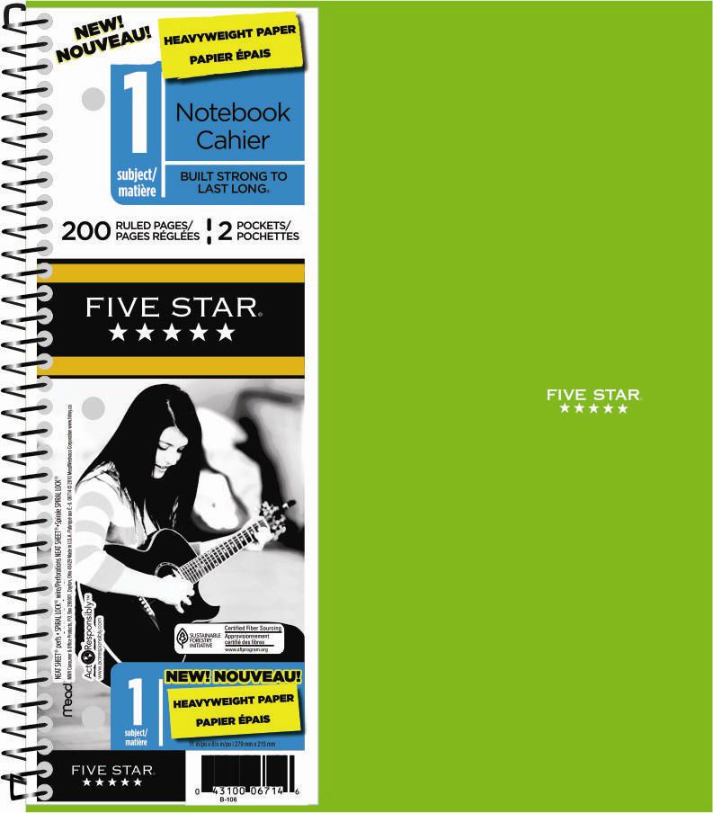 "Five Star® Wirebound Premium Heavyweight Paper Notebooks, 1 subject, 11 x 8½, 200 Page at