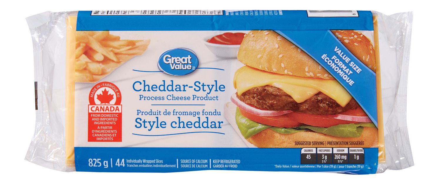 Great Value Produit de Fromage Léger de Style Cheddar, Pré-Tranches Légères, Tranches de Fromage à Portions Contrôlées, Emballées Individuellement avec une Couleur orange Pâle Uniforme, notes d'Emballage Légères, 50 % Moins de Gras et Fabriqué au Canada; 44 Tranches, Souvent Utilisées pour des sandwiches, des burgers Ou des Lunchs Emballés.