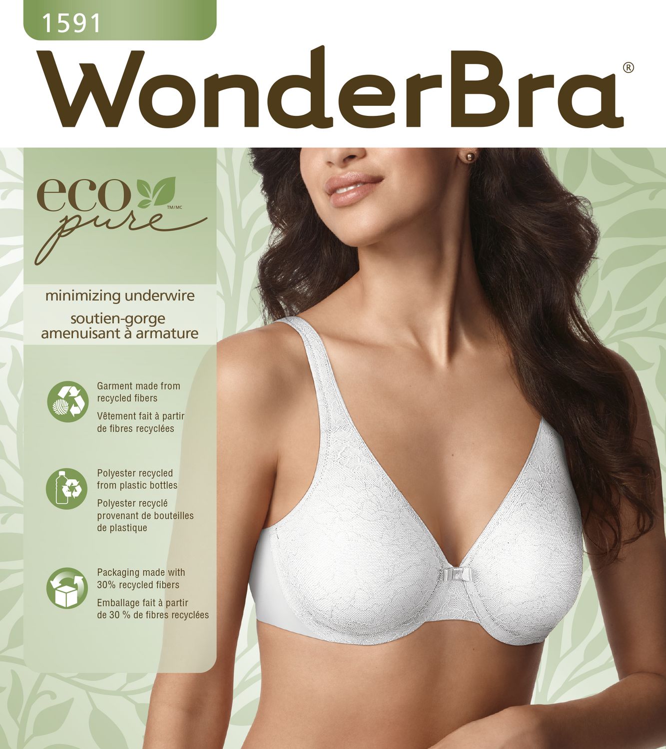 WonderBra Womens Eco Pure Lace Underwire Minimizer Bra, White, 40C US