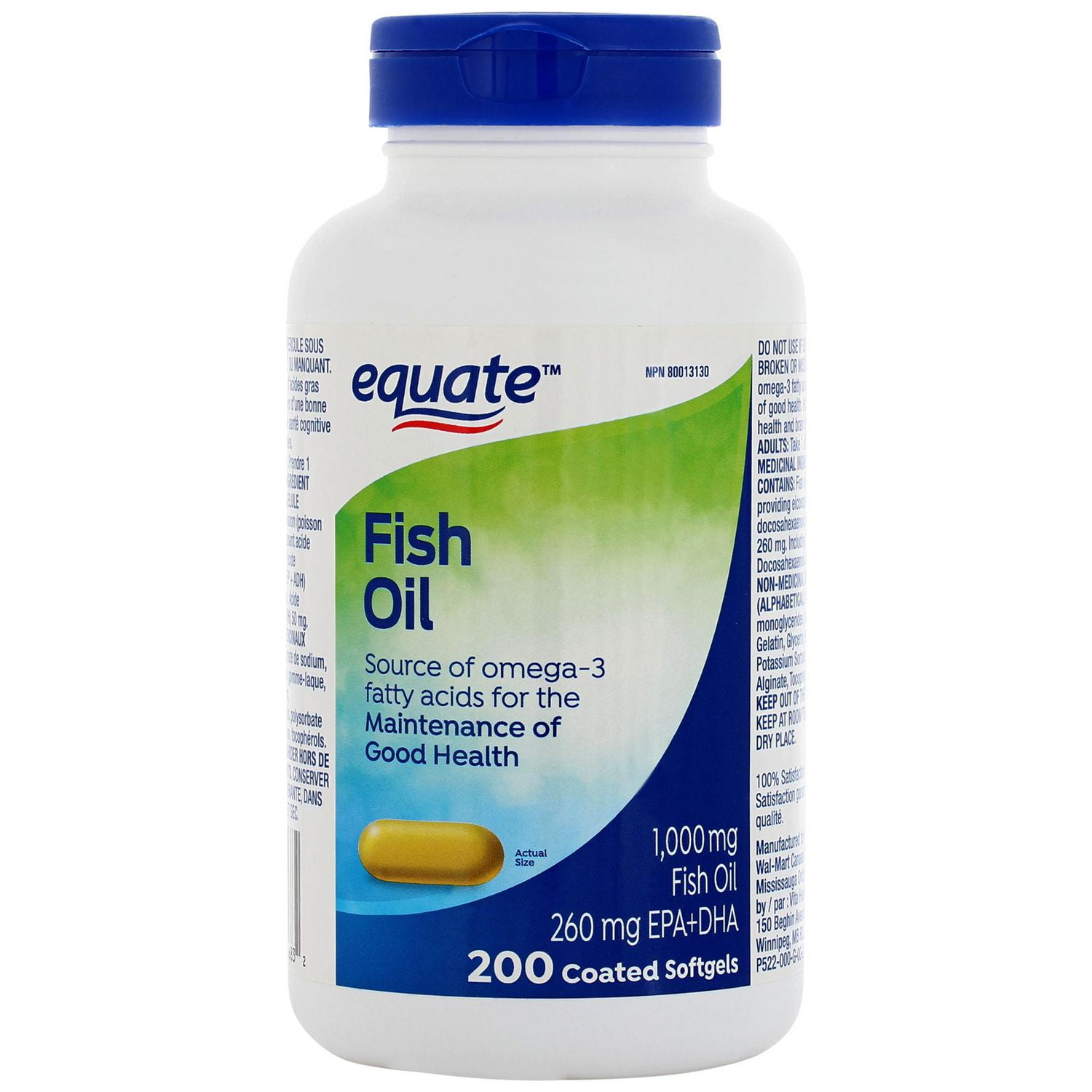 Equate Fish Oil 1000 mg, 200 Coated Softgels