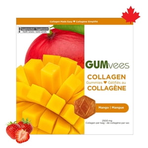 GUMvees Gommies de collagène avec biotine, vitamine D & E, Collagène bovin aux vitamines, saveur de mangue, fabriqué au Canada