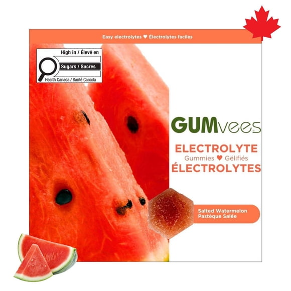 GUMvees Electrolyte Gummies, Source of Electrolytes for Hydration, Natural Salted Watermelon Flavour, Made in Canada