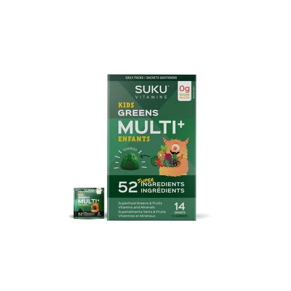 SUKU Vitamins - Kids Greens Multi+ Gummies, 52 Ingredients filled with Greens, Superfoods, Vitamins & Antioxidants, Sugar-and-Gluten-Free, Non-GMO, 14x 2-packs (28 Gummies)