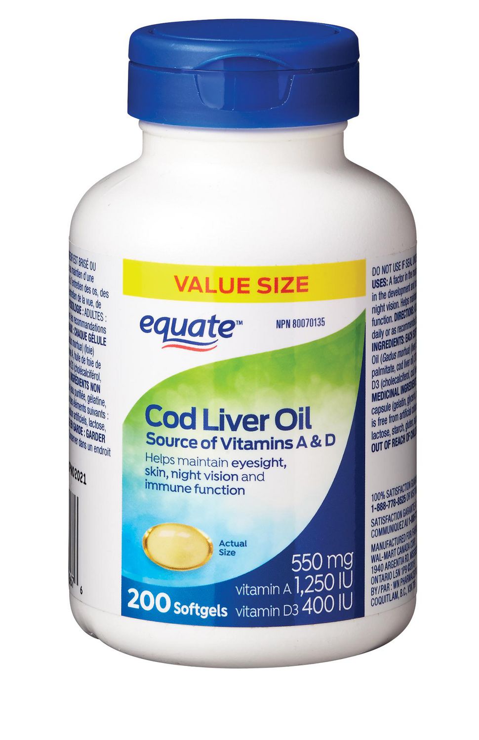 Equate Cod Liver Oil 550mg 200 softgels Walmart.ca