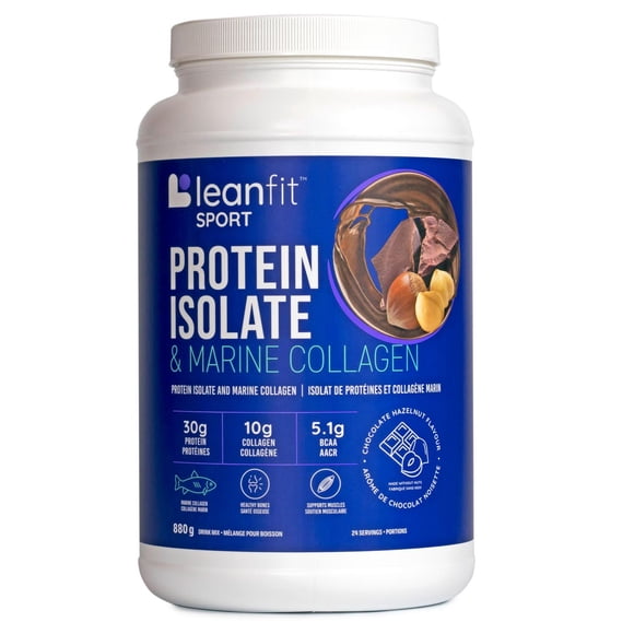 LEANFIT SPORT PROTEIN ISOLATE & MARINE COLLAGEN, Chocolate Hazelnut, Grass-Fed Protein Isolate and 100% Hydrolyzed Marine Collagen Powder (Type I, III), 30g Protein and 10g Collagen Per Serving